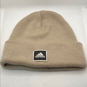 adidas Knit Beanie Hat in Tan with Black Logo Patch
